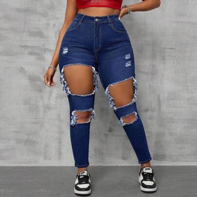 SHEIN Plus Size Women Stretchy Blue Denim Ripped Skinny Jeans