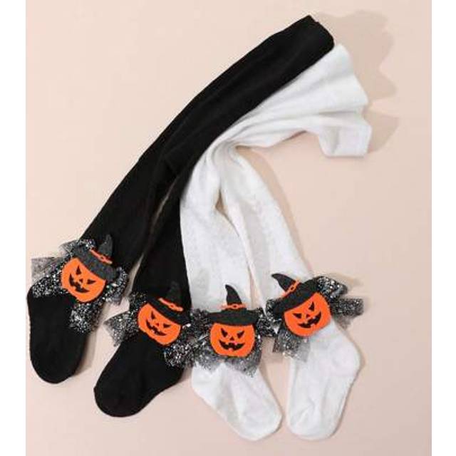 SHEIN 2pcs Baby Girls&#39; Simple Shiny Bow Decor Solid Color Cable Knit Tights, Suitable For Halloween Pumpkin & Skull Outfit, Holiday Wear