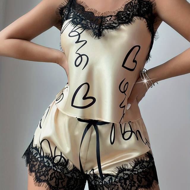 TEMU Lace Casual Pajama Set Women's Satin Monogram Print Suspender Top Shorts Loungewear Two-piece Set