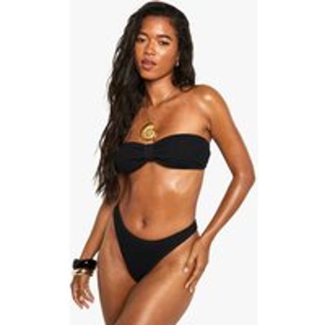 Womens Premium Crinkle Bandeau Bikini Top & High Leg Bikini Bottoms Set - Black - 14, Black