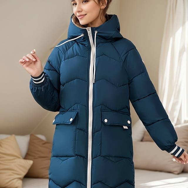 TEMU Women's Mid-length Winter Coat - Thickened Casual Zip-up With Raglan Sleeves, Solid Color, Long Sleeve, Zippered Front, No Belt - Cozy Cold Weather Outerwear, Winter Jacket