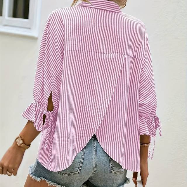 TEMU Women's Striped V-neck Blouse With Tie-front Detail - Casual Long Sleeve Shirt For Spring/summer/fall - Stylish Layering Piece For Casual Attir