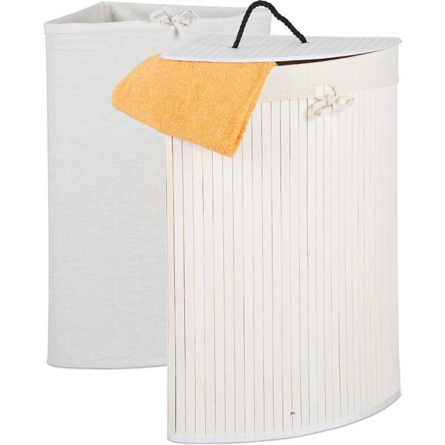 Relaxdays Corner Laundry Basket  Bamboo  Folding Hamper  Lid  60 L  2 Inner Washing Bags  66 x 49.5 x 37 cm  White