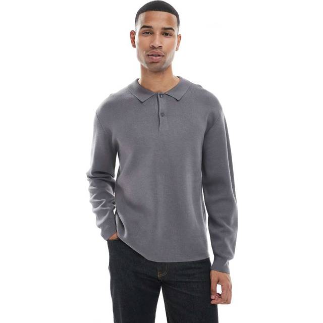 New Look Men's Grey Relaxed Fit Long Sleeve Button Polo Shirt - L