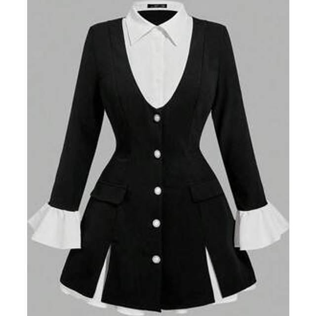 SHEIN Plus Size Women 2 In 1 Black Waist-Cinching Long Sleeve Flounced Waistcoat, Winter Coat Women,Business Casual,Office Wear Elegant,Fall Clothes For Wom