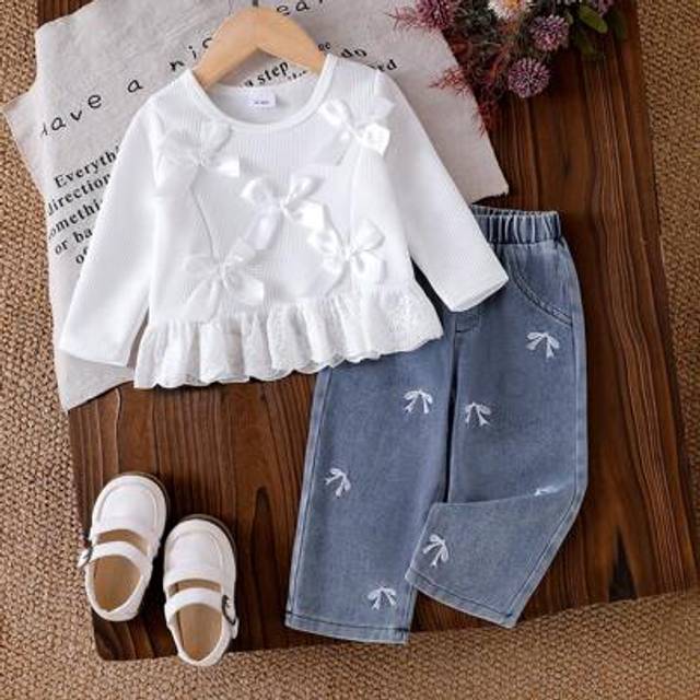 SHEIN Baby Girl 2Pcs Set Soft Casual White Long Sleeve Top With Multiple 3D Bow Decor & Lace Trim Plus Jeans Pants With Embroidered Butterflies And Elastic