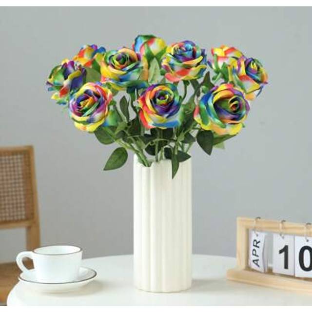 SHEIN Artificial Flowers Rainbow Roses Silk Flowers Fake Long Stem Artificial Colorful Roses For Christmas Home Wedding Bathroom Kitchen Decorations