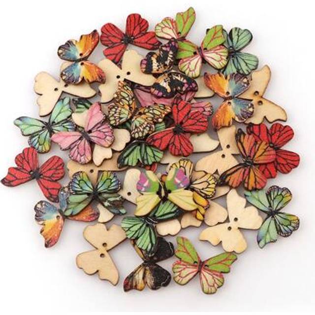 SHEIN 50pcs Wooden Butterfly Buttons For Crafts, DIY Vintage Wood Butterfly Cute Animal Buttons For Sewing 1 Inch Colorful 2 Holes Small Cartoon Decorative