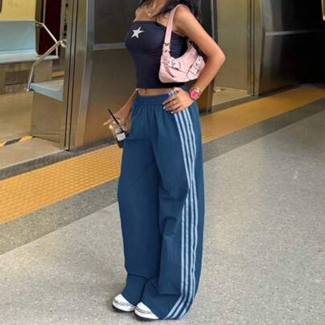 SHEIN Women&#39;s Navy Elastic Waist Side Stripe Wide Leg Loose Casual Pants