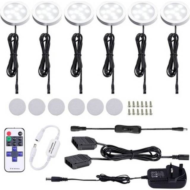 AIBOO LED Kitchen Under Cabinet Lighting Kit Dimmable with Wireless RF Remote,UK Plug,6 Pack Round Display 240V LED Puck Lights,12W Under Cupboar
