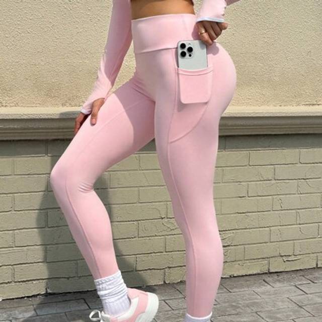 SHEIN Women&#39;s Pink Yoga Leggings With White Trim And Phone Pocket