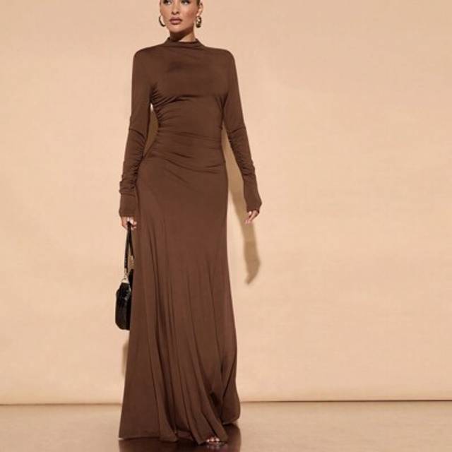 SHEIN Elegant Solid Color Burgundy Red Long Sleeve Mock Neck Asymmetric Shoulder Ruched Dress, Suitable For Cocktail Party, Romantic Date, Autumn/Winter Lay