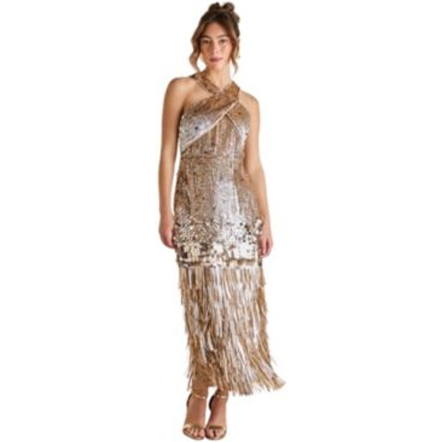 Coast Gold Sequin Tassel Halter Neck Dress - gold - 10