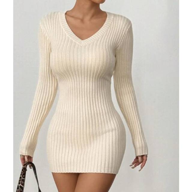 Flirla Women&#39;s Solid Color V-Neck Long Sleeve Simple Short Casual Sweater Dress Fall Winter Cloth For Women
