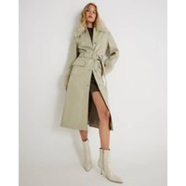 River Island Womens Green Faux Leather Fur Trim Trench Coat - 8