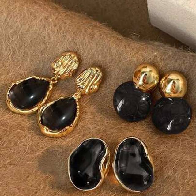 SHEIN 3Pairs Vintage Elegant Amber Color Resin Inlaid Women Earring Set, Versatile For Daily, Party, Banquet Wear, Autumn/Winter