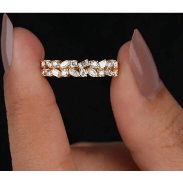 SHEIN 1PC S925 Sterling Silver High Sparkle Irregular Double Half Bezel Baguette Horse Eye Round Diamond Ring Wedding Band For Women Promise Ring Eternity R