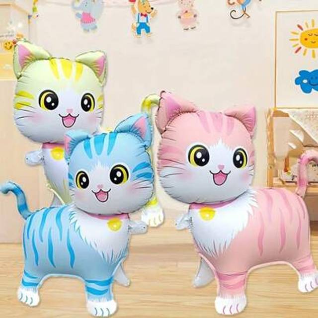 SHEIN 1/2/3pcs Standing Walking Cat Shaped Balloons, Pink/Blue/Yellow, Birthday Party Decoration, Celebration Gift, Indoor Outdoor Decor