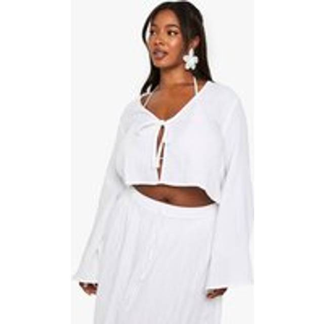 Womens Plus Cheesecloth Long Sleeve Tie Front Top - White - 16, White