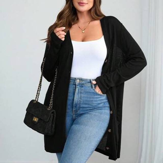 SHEIN Plus Size Women&#39;s Solid Color Fall Black Sweater Cardigan With Pockets Holiday, Winter Tall Curve Women Clothes Long Cardigan For Women Curve Fall Clo