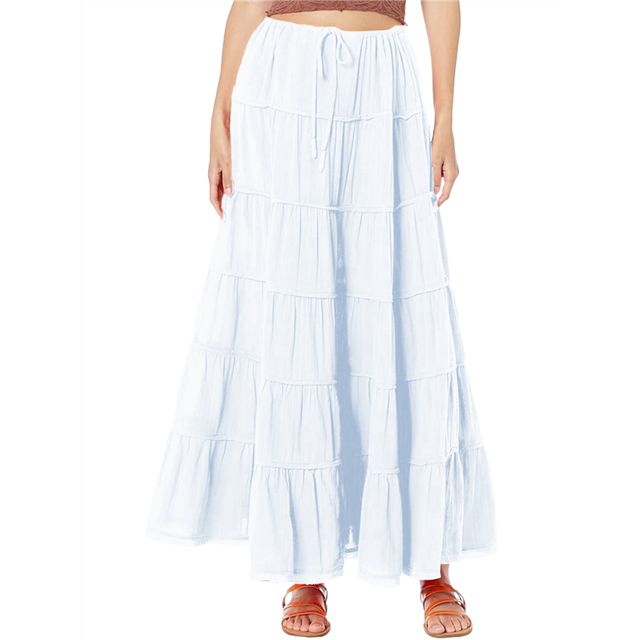 (L, White) Women'S Summer Casual Elegant Smock Layered Tiered Maxi Skirt High Waisted A Line Flowy Long Skirts Orange Color S