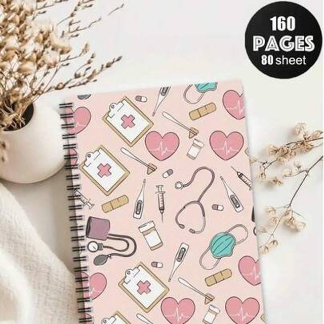 SHEIN Nurse Themed Spiral Notebook - Pink With Medical Illustrations, 160 Pages, Perfect For Nursing School Planner, Travel Journal And Nurse Appreciation G