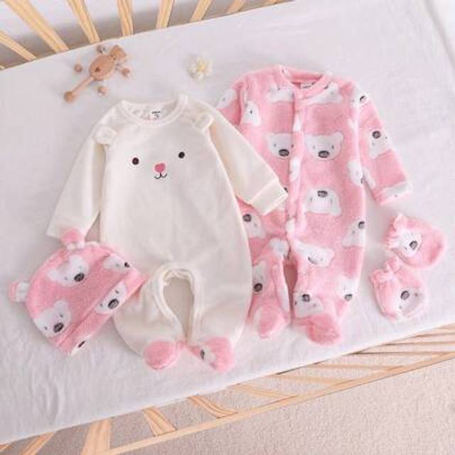 SHEIN Newborn Apricot & Pink Bear Print Fluffy Bear Ear Hat, Gloves & Romper 3 Pieces Set, Infant Homewear Outfit  Newborn Pajamas Newborn Clothes Winter Ne