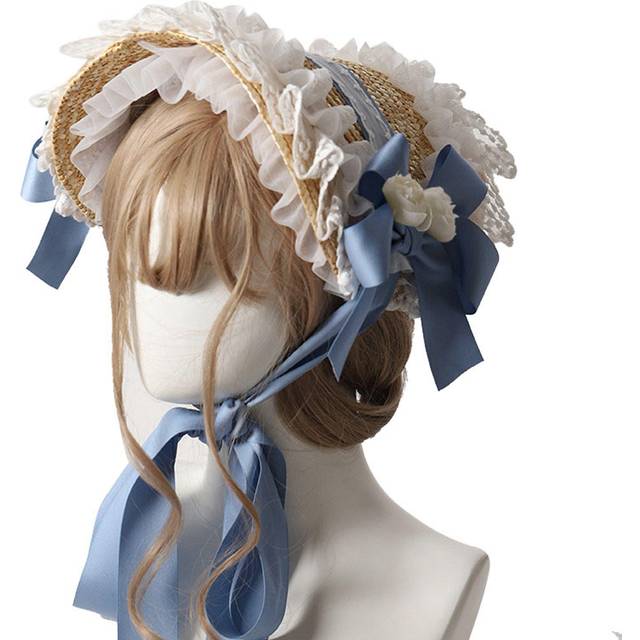 Tea Party Sun Hat Straw Plaited Lace Ribbon Tie Flowers Cute Women s Victorian Sun Hat for Free Size light blue