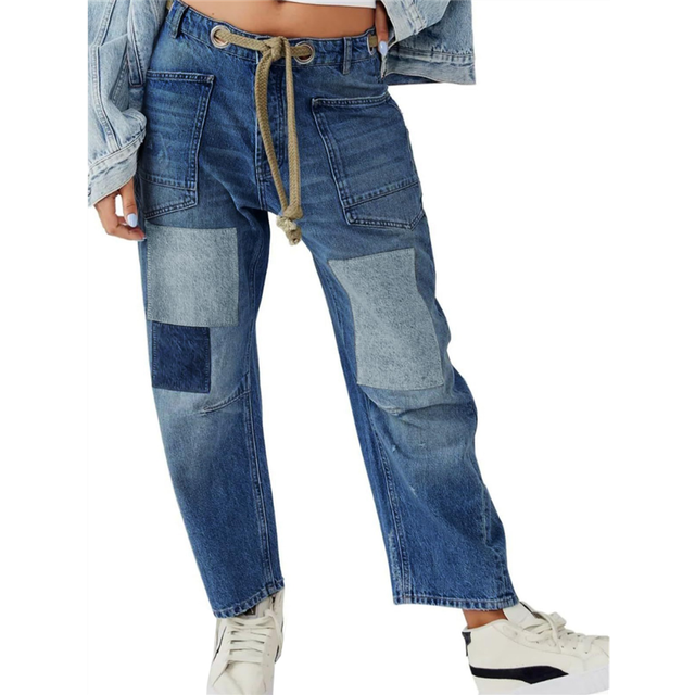 (L, Blue) Womens Loose Horseshoe Jeans Wide Leg Patchwork Low Rise Denim Pants with Pockets Khaki S