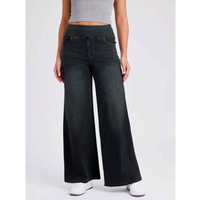 SHEIN Pull On Wide Leg Jeans For  Petite Women, High Waisted Stretchy Baggy Tummy Control Straight Leg Jeans Denim Pants With 31&#34; Inseam