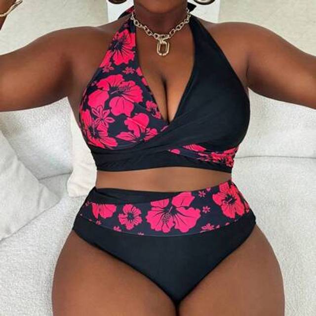 Slaydiva Plus Size Women&#39;s 2 Pieces Contrast Floral Printed Top & Solid Bottom Bikini Set, Vacation Summer Beach Outfit