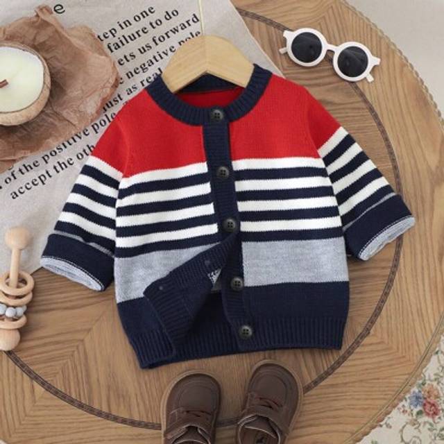 SHEIN Baby Boy 1pc Multi-Color Striped Design Comfortable & Warm Knitted Cardigan, Classic Crew Neck Long Sleeve Casual Jacket - A Stylish & Cozy Fall/Winte