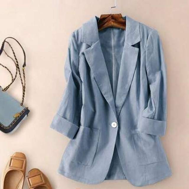 SHEIN Women Casual Linen 3/4 Sleeve Blazer Jacket, Spring & Autumn