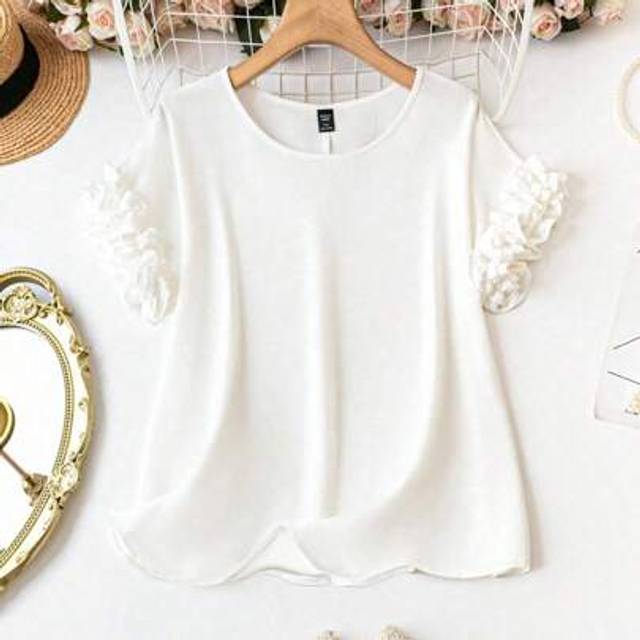SHEIN Plus Size Elegant Solid Color Ruffle Trim Blouse For Summer