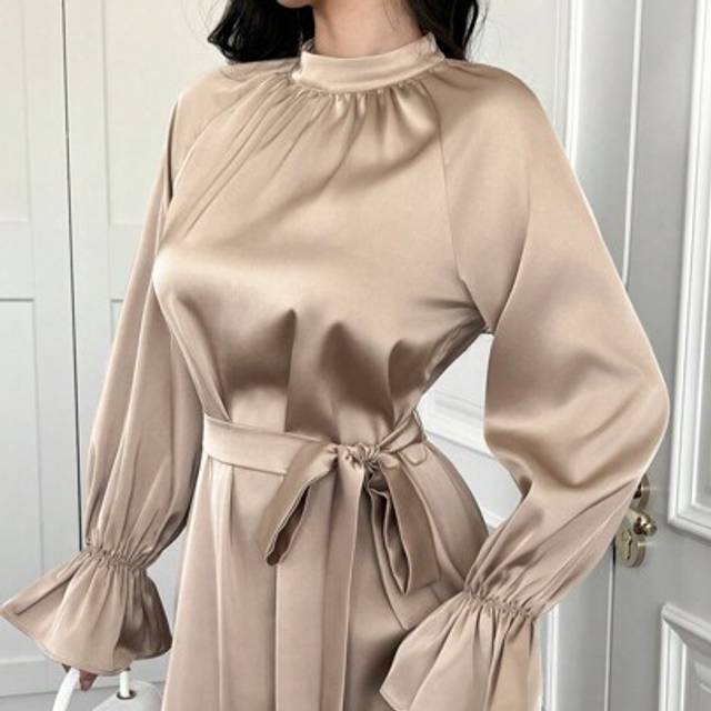 SHEIN Luxury Solid Satin Arabic Style Long Sleeve High Waisted Elegant Dress,Modest