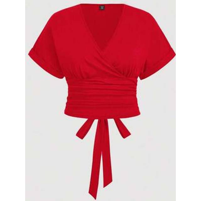 SHEIN Plus Size Vintage Pleated Decor Criss-Cross Neckline T-Shirt With Tie Back,Going Out Tops
