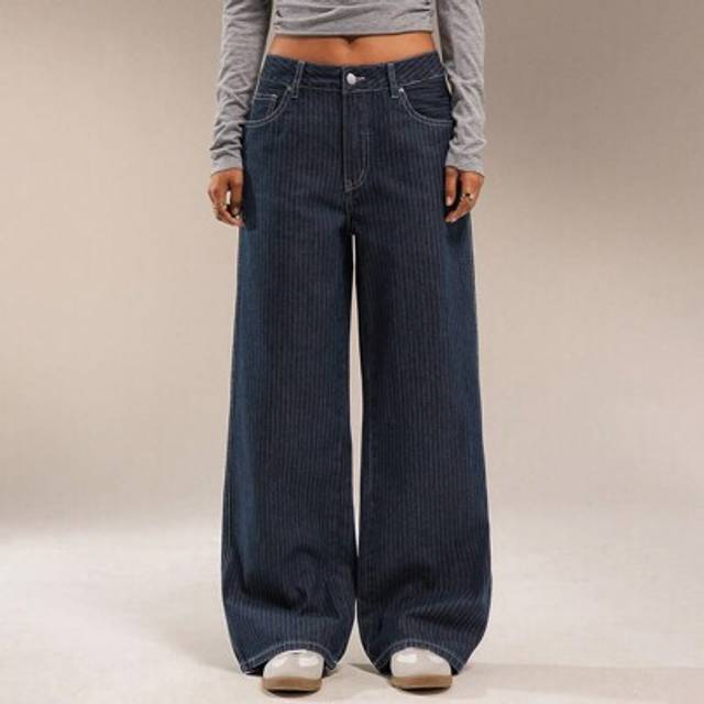 SHEIN Winter Women Clothes Straight Leg Low-Waist Unique Jacquard Striped Casual Washed Dark Denim Pants, Autumn/Winter Women Jeans Low Rise Jeans Baggy Jea