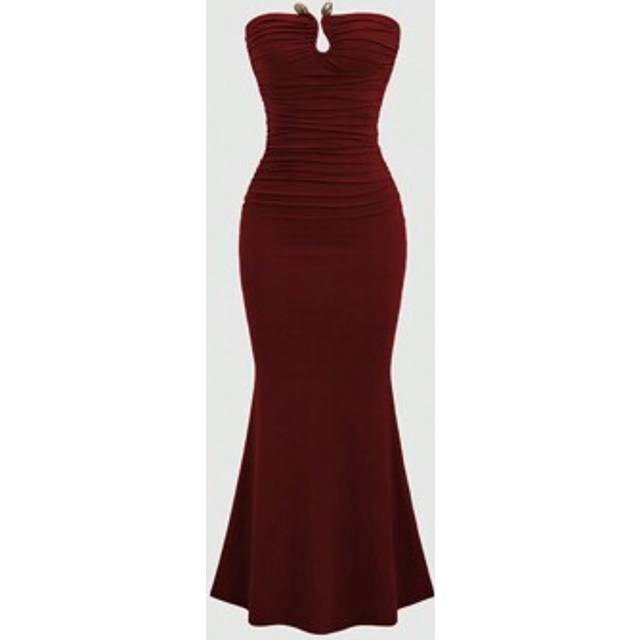 Sweetra Solid Color Pleated Circular Decor Strapless Sleeveless Burgundy Dress Maxi Women Outfit