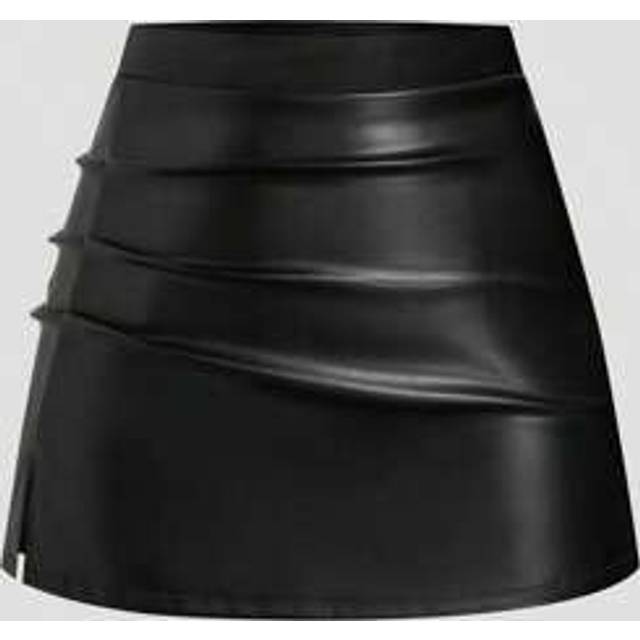 Flirla Plus Size Women&#39;s Spring/Summer Pleated Asymmetric Mini PU Leather Skirt, Cute Stylish Elegant Black