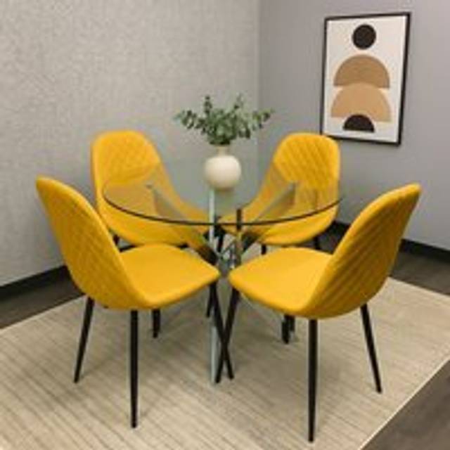 Kosy Koala Round Glass Dining Table With 4 Mustard Leather Chairs - One Size