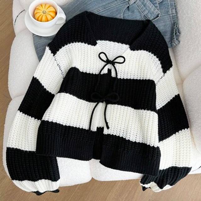 SHEIN Teen Girls Cardigans, Black & White Striped Bowknot Knit Sweater Cardigan, All-Match Versatile Elegant Casual For Autumn/Winter/Halloween,Glowmode,Fal