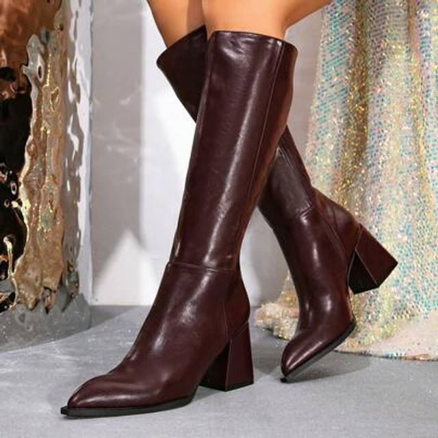 SHEIN Fall/Winter 2025 Women&#39;s Comfortable & Versatile Side Zipper Chunky Heel Over-The-Knee Boots, Classic Motorcycle Boots, Faux PU Leather, Wine Red & Po