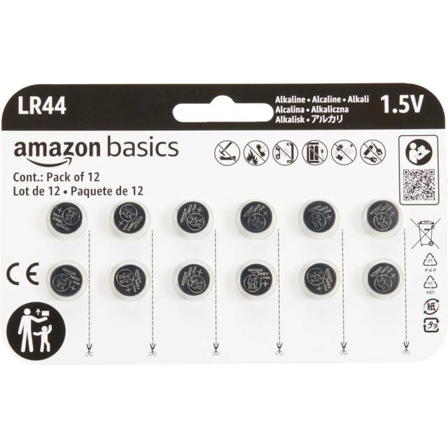 Amazon Basics 12-Pack LR44 Alkaline Button Cell Battery, 1.5 Volt, Long Lasting Power, Mercury-Free
