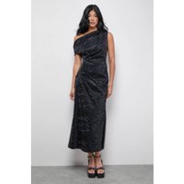 Womens Faux Crinkle Leather Fallen Shoulder Ruched Waist Midi Dress - Black - 12