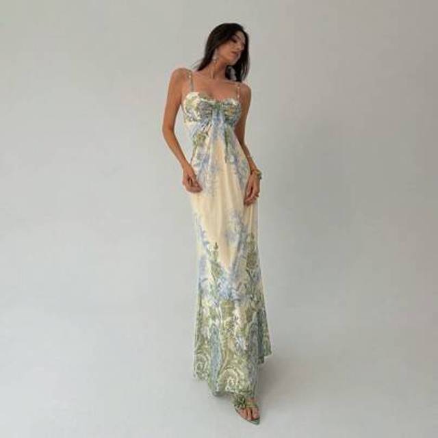 Aloruh Women&#39;s Summer Beach Vacation Maxi Dress Loose Dress Elegant Floral Print Spaghetti Strap Apricot Dress Summer Dresses For Women,Graduation,Teacher Ou
