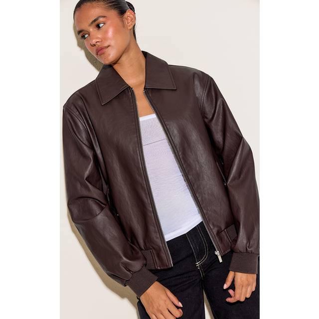 Dark Chocolate Faux Leather Bomber Jacket, Dark Chocolate - 14