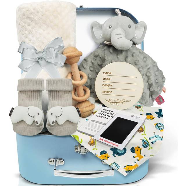 Newborn Baby Shower Gifts Set: 9PCS Boy Gifts Hamper Including Baby Blankets&Baby Bibs&Baby Socks and More - Unisex New Born Box Personalised Boy