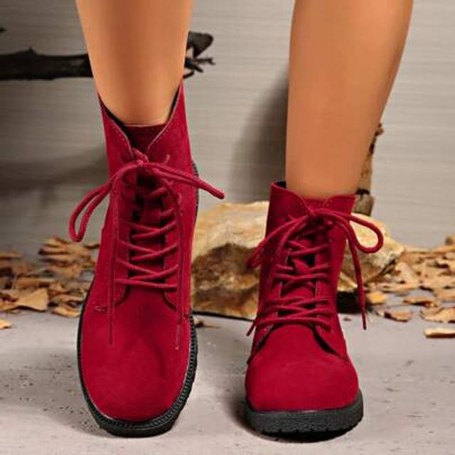 SHEIN Casual Fashion Lace-Up Women&#39;s Flat Ankle Boots, Round Toe Red Flat Short Boots For Outdoor Wear, Autumn/Winter