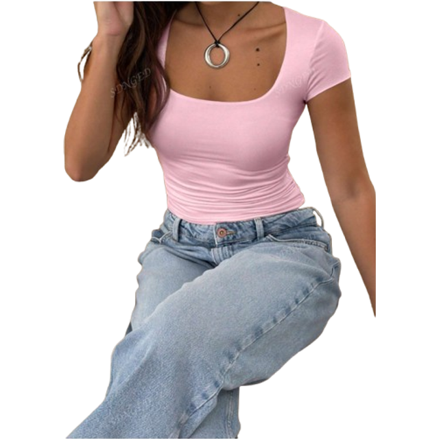 SHEIN Women Square Neck Going Out Crop Tops Short Sleeve T Shirts Summer Cute Clothes Basics Tees