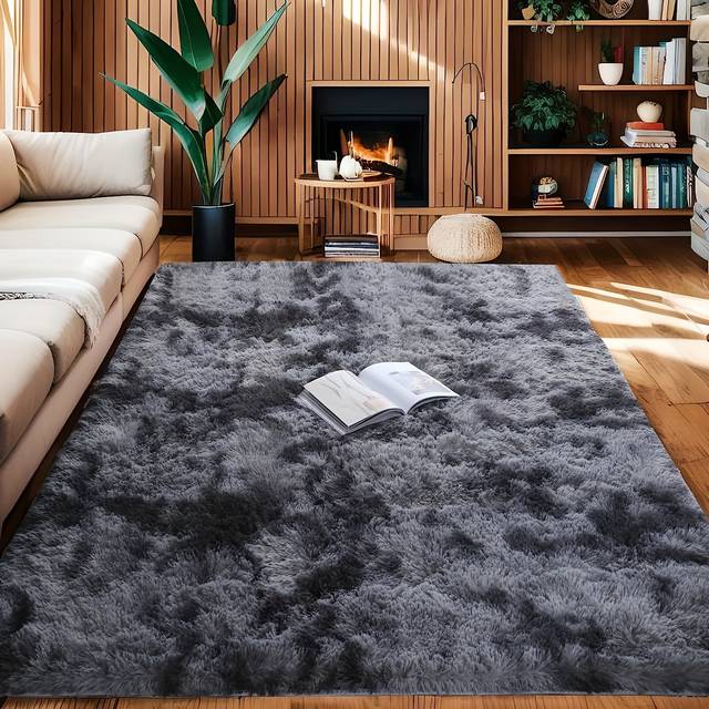 TEMU 1pc Tie-dye Dark Gray Modern Rectangle Shag Plush Rugs, , Non-shedding Non-slip Carpets For Living Room Bedroom, Home Decor, Room Decor, Area Rugs